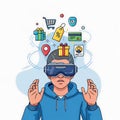 Flat vector artwork of a young person using VR glasses, seeing floating e-market icons Royalty Free Stock Photo
