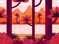 Flat vector background in orange colors with forest, river and mountains. Royalty Free Stock Photo