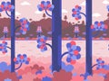 Flat vector background in violet and pink colors with forest, river and hills.