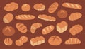 Flat vector bakery set with assorted bread, buns, baguettes and croissants. Warm brown color palette, cute minimal style Royalty Free Stock Photo