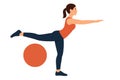 Flat vector balance exercise on one leg with stability ball behind, posture improvement, isolated Royalty Free Stock Photo