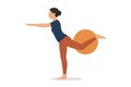 Flat vector balance exercise on one leg with stability ball behind, posture improvement, isolated Royalty Free Stock Photo