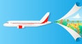 Flat banner on the theme of travel by airplane, vacation, adventure. Private airlines, transportation. A flying plane Royalty Free Stock Photo