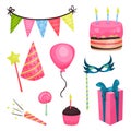 Flat vector birthday party elements. Triangle bunting flags, cake, glossy balloon, lollipop, cupcake, girt box, pipe