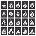 Flat Vector Black and White Fire Flame Silhouette Icon Set. Campfire Shape Sign, Isolated. Bonfire Collection Royalty Free Stock Photo