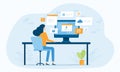 flat vector business people working online at home office on web monitor dashboard with internet network connection technology