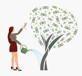 Flat vector businesswoman watering money tree and reaches for the dollar. Successful woman business project investment.