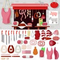 Flat vector butcher shop, meat products, butchery knife, snag