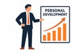 Flat vector candidate standing beside personal development chart with upward arrow, isolated Royalty Free Stock Photo