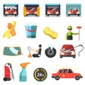 Flat vector car wash icons. Royalty Free Stock Photo