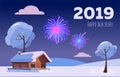 Flat vector card with fireworks over snowy winter hills landscape with country house with inscription 2019 Happy new Royalty Free Stock Photo