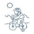 Flat vector cartoon illustration of bicycling woman in warm clothing