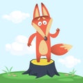 Flat vector cartoon illustration of a cute standing on stump red fox character with green meadow isolated.