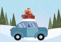 Flat vector cartoon illustration of retro car with present on the roof. Little classic blue car carrying gift boxes on