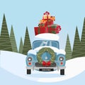 Flat vector cartoon illustration of retro car with present on the roof. Little classic red car carrying gift boxes on its rack.