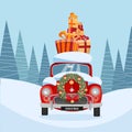 Flat vector cartoon illustration of retro car with present on the roof. Little classic red car carrying gift boxes on its rack.