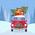 Flat vector cartoon illustration of retro car with presents, christmas tree on roof. Little red car carrying gift boxes. Vehicle Royalty Free Stock Photo