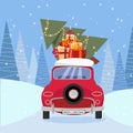 Flat vector cartoon illustration of retro car with presents, christmas tree on roof. Little red car carrying gift boxes Royalty Free Stock Photo