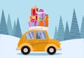 Flat vector cartoon illustration of retro car with presents, christmas tree on roof. Little yellow car carrying gift Royalty Free Stock Photo