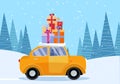 Flat vector cartoon illustration of retro car with presents, christmas tree on roof. Little yellow car carrying gift Royalty Free Stock Photo