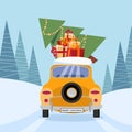 Flat vector cartoon illustration of retro car with presents, christmas tree on roof. Little yellow car carrying gift Royalty Free Stock Photo