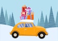 Flat vector cartoon illustration of retro car with presents, christmas tree on roof. Little yellow car carrying gift Royalty Free Stock Photo