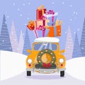 Flat vector cartoon illustration of retro car with presents and christmas tree on the top. Little classic yellow car carrying gift Royalty Free Stock Photo