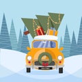 Flat vector cartoon illustration of retro car with presents and christmas tree on the top. Little classic yellow car carrying gift