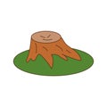 Flat vector cartoon illustration of a sawn, felled tree in a green lawn. Kawaii stump smiles, winks