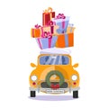 Flat vector cartoon illustration of small car with presents, gift boxes, snow on the roof. Little classic yellow car carrying gift