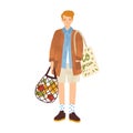 Flat vector cartoon textured illustration of man holding string bag with healthy vegetables. Trendy male character carry