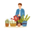 Flat vector cartoon textured illustration of man watering potted houseplant. Male character taking care of green plants Royalty Free Stock Photo