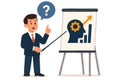 Flat vector character answering question with clear infographic on flip chart, strategic thinking, isolated Royalty Free Stock Photo