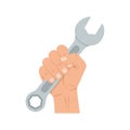 Flat vector clipart of a hand holding a wrench, repair service theme, on solid white background Royalty Free Stock Photo