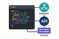 Flat vector code editor showing connected endpoints and synced modules, backend API integration, isolated Royalty Free Stock Photo
