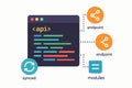 Flat vector code editor showing connected endpoints and synced modules, backend API integration, isolated Royalty Free Stock Photo