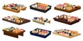 Flat vector collection of plates with sushi rolls. Traditional Asian food. Japanese cuisine Royalty Free Stock Photo