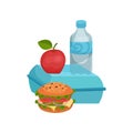 Flat vector composition of school lunch. Tasty sandwich, ripe apple, bottle of water and closed container Royalty Free Stock Photo