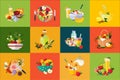 Flat vector compositions with food and drinks. Healthy eating. Delicious breakfast. Fresh vegetables and fruits