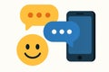Flat vector concept of communication with speech bubbles, emoji, and phone, isolated on white Royalty Free Stock Photo