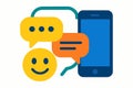 Flat vector concept of communication with speech bubbles, emoji, and phone, isolated on white Royalty Free Stock Photo