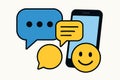 Flat vector concept of communication with speech bubbles, emoji, and phone, isolated on white Royalty Free Stock Photo