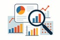 Flat vector concept of data analysis with charts, graphs and magnifier, isolated on white Royalty Free Stock Photo