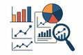 Flat vector concept of data analysis with charts, graphs and magnifier, isolated on white Royalty Free Stock Photo