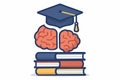 Flat vector concept of education with books, graduation cap, and open brain, isolated on white Royalty Free Stock Photo
