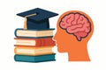 Flat vector concept of education with books, graduation cap, and open brain, isolated on white Royalty Free Stock Photo