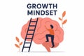 Flat vector concept of growth mindset with brain, ladder, and tiny person climbing, isolated on white Royalty Free Stock Photo