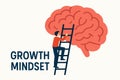 Flat vector concept of growth mindset with brain, ladder, and tiny person climbing, isolated on white Royalty Free Stock Photo