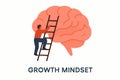Flat vector concept of growth mindset with brain, ladder, and tiny person climbing, isolated on white Royalty Free Stock Photo