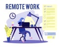 Flat vector concept illustration of woman working at home remotely. Freelancer female character working from home with Royalty Free Stock Photo